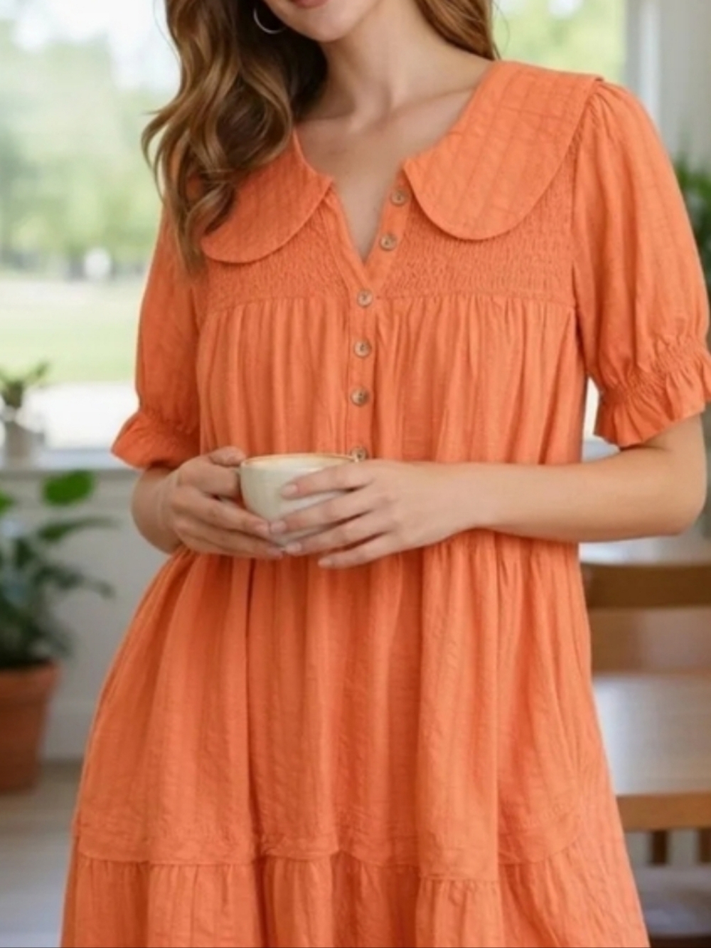 PILCRO The Fdley Puff-Sleeve Collared Mini Dress Orange